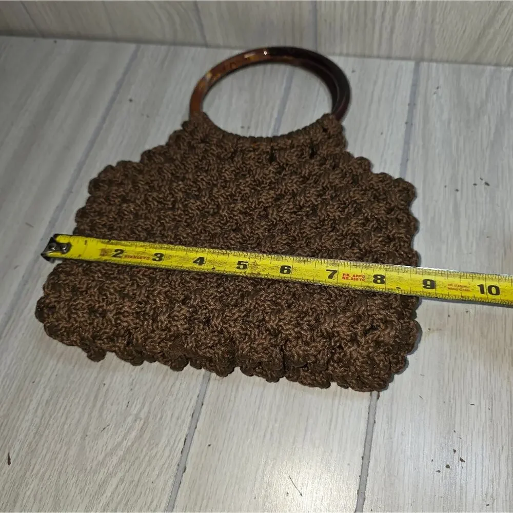 Vtg Handmade Brown Crochet Handbag Bakelite? Handle Knit/Woven Macrame Boho